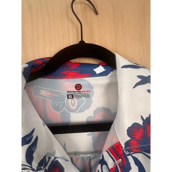 Destroyer Rocks XL Hawaiian Shirt Red White Blue Floral Cannon Aviator aloha - Picture 6 of 7